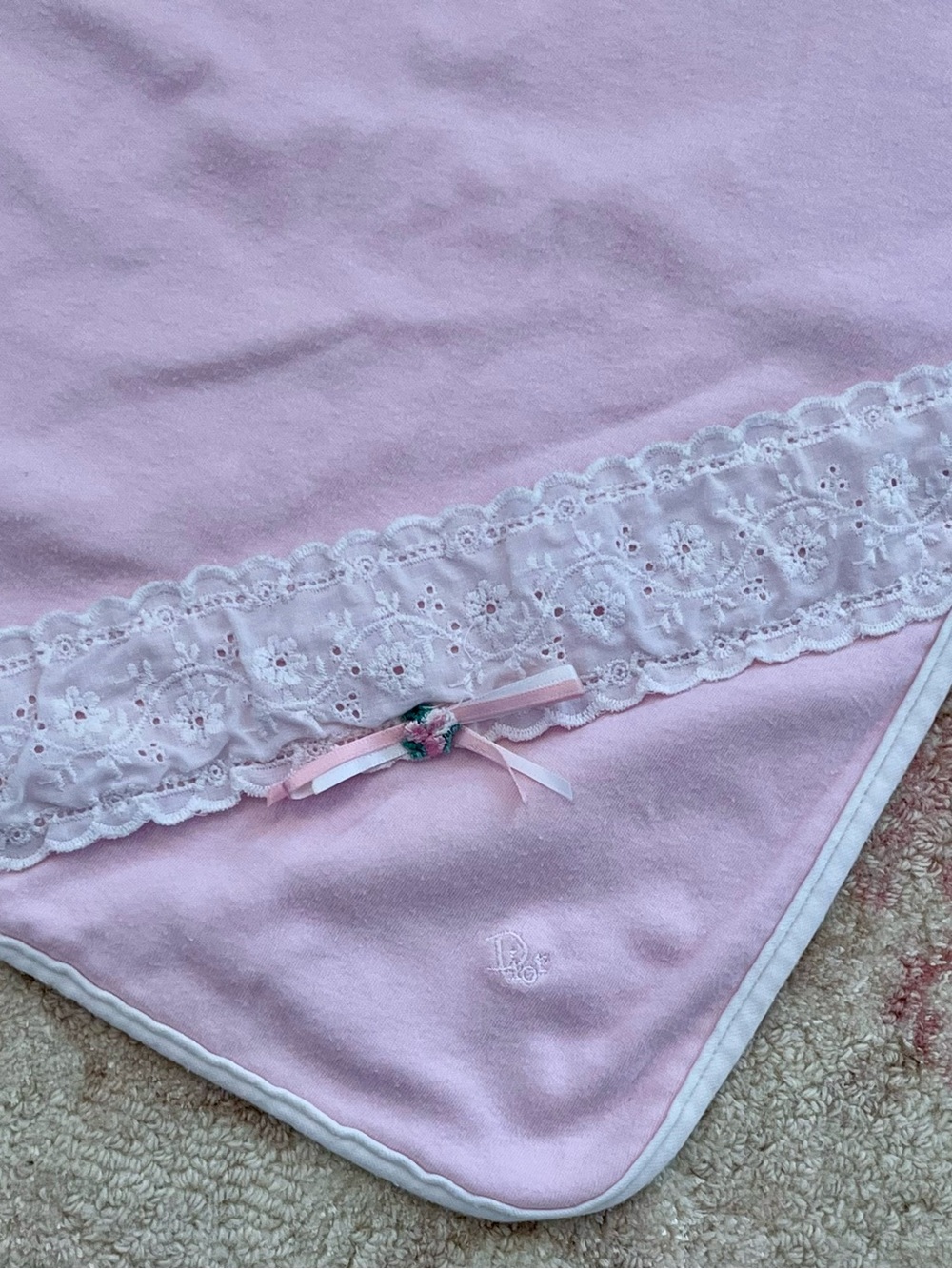 BABY DIOR Pink Receiving Blanket Rosette Lace Accent Embroidered Logo Vintage - Picture 3 of 5